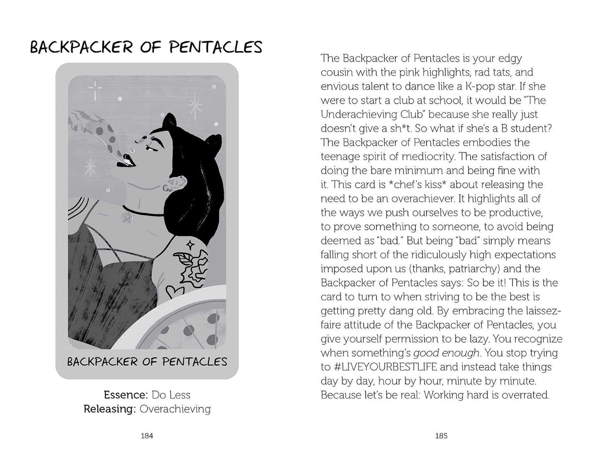 A printed page from a book or magazine showing two black-and-white illustrations of a backpacker with a cross and flowers, alongside a long poem titled 'Backpacker of Pentacles.' This is not a clean product shot, not a lifestyle scene, and not a measurement chart, color swatch, or instruction diagram; it functions as a digital/print preview of printed content, so subject_type is Other.