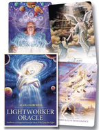 Four cards from the Lightworker Oracle deck by Alana Fairchild, featuring celestial and angelic imagery.