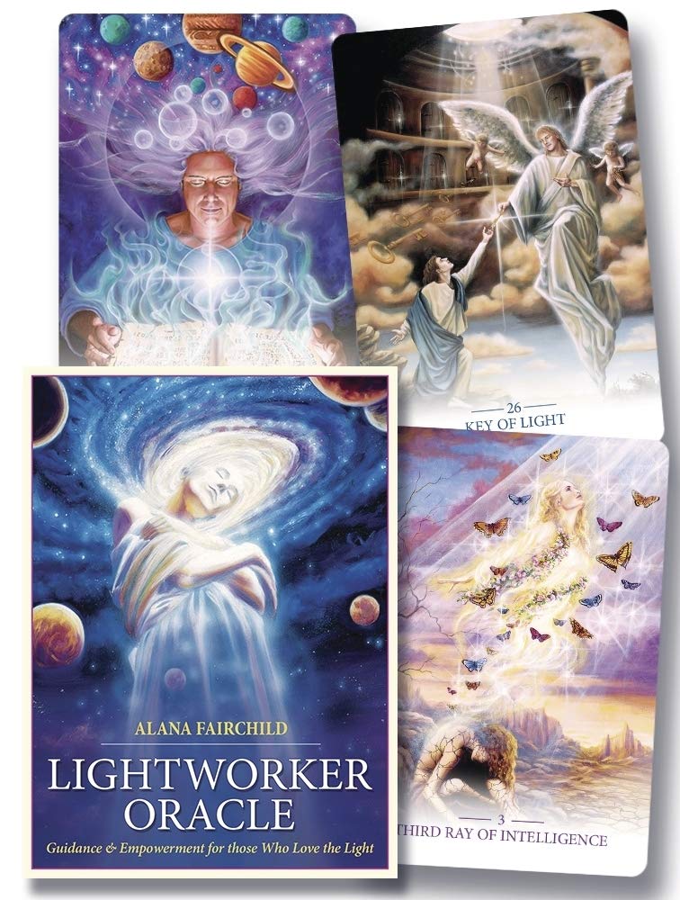 Four cards from the Lightworker Oracle deck by Alana Fairchild, featuring celestial and angelic imagery.