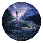 Fairy with bow and arrow and goat in a mystical landscape with mountains and stars.
