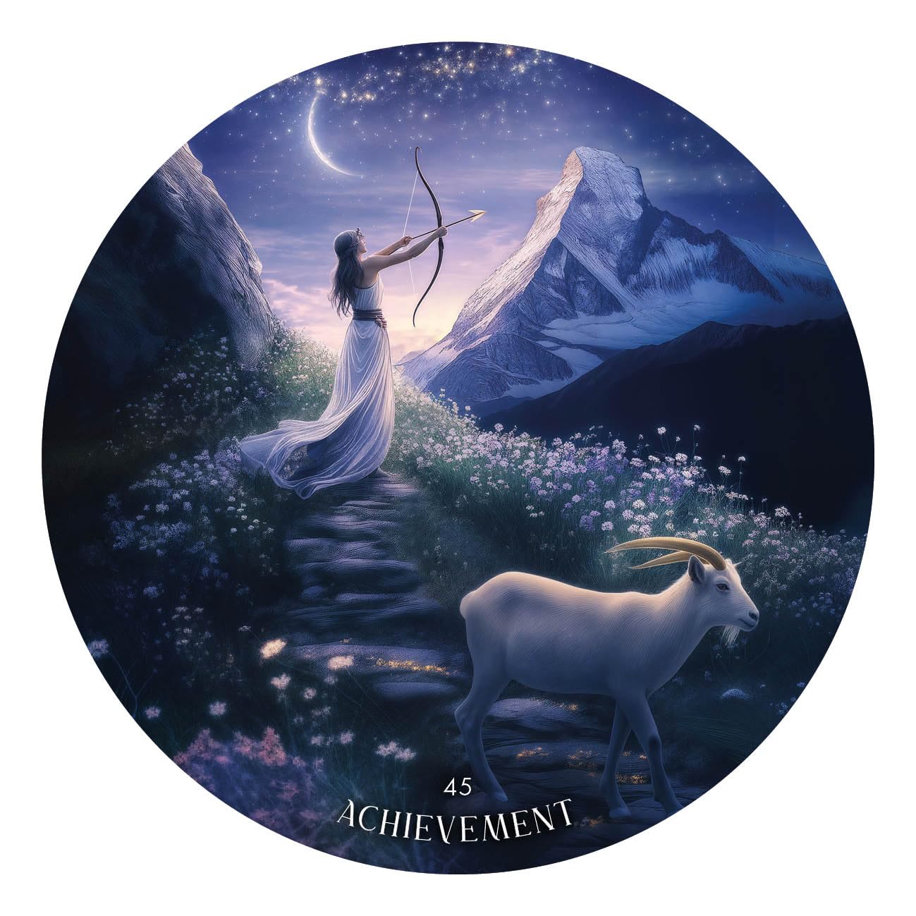 Fairy with bow and arrow and goat in a mystical landscape with mountains and stars.