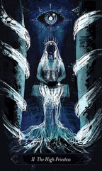 Card titled 'The High Priestess' with a mystical figure and eye symbol in a dark, artistic style.