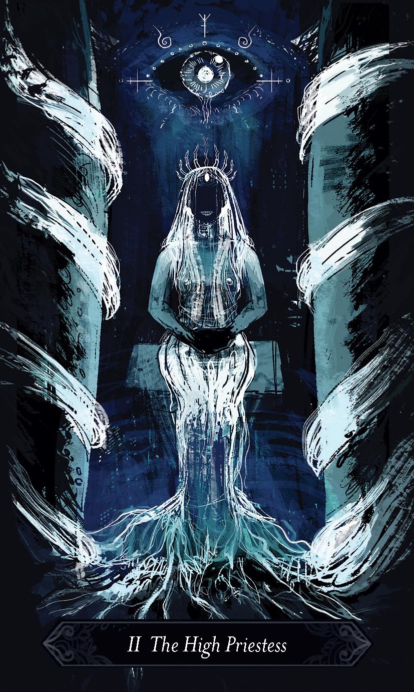 Card titled 'The High Priestess' with a mystical figure and eye symbol in a dark, artistic style.