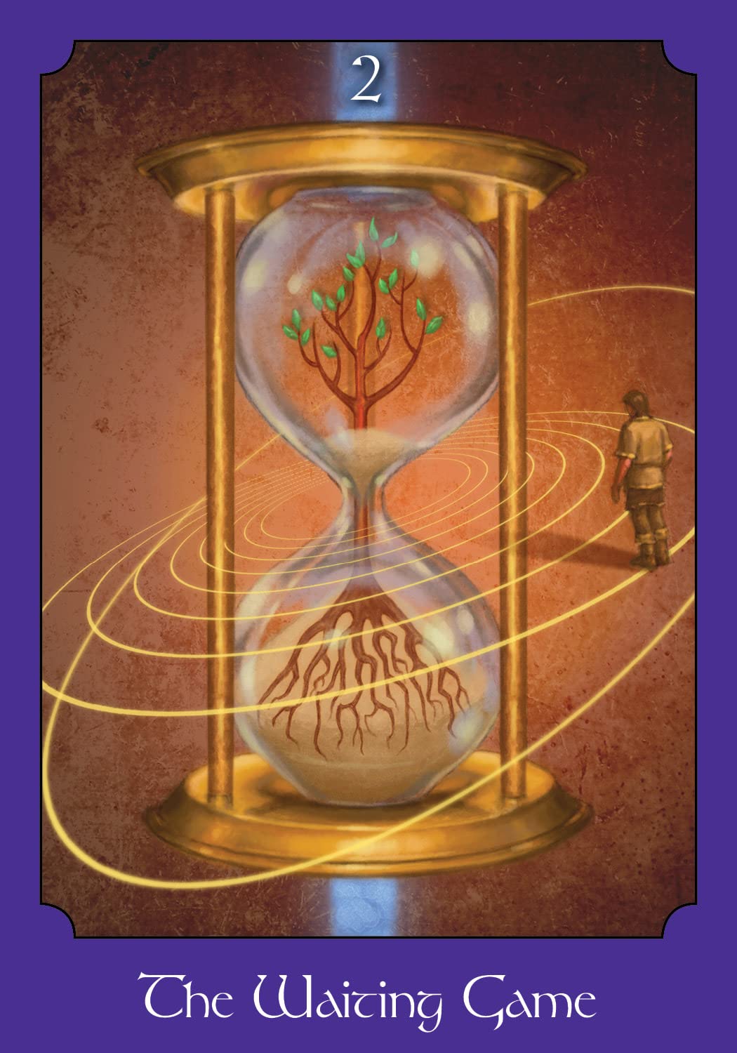 Hourglass with tree of life design and person observing, titled 'The Waiting Game'.