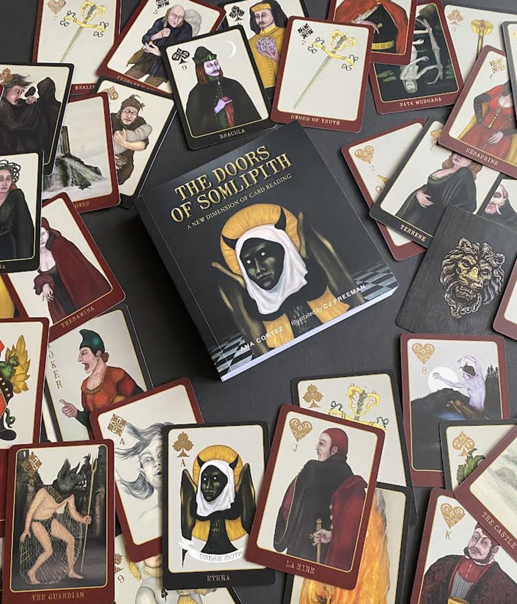 Collection of playing cards with detailed artwork and a book titled 'The Doors of Sidheith' on a dark surface.