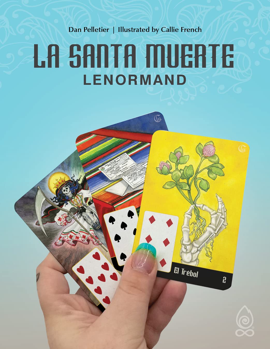 Book cover of 'La Santa Muerte Lenormand' with tarot cards held by a hand against a light blue background.