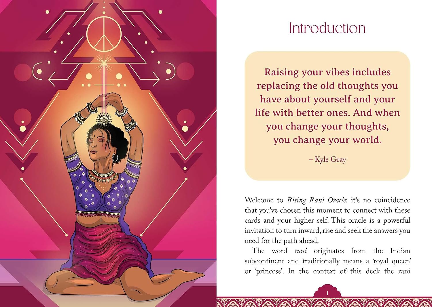 Card from a oracle deck with a woman in a meditative pose on a pink background, featuring text and symbols.
