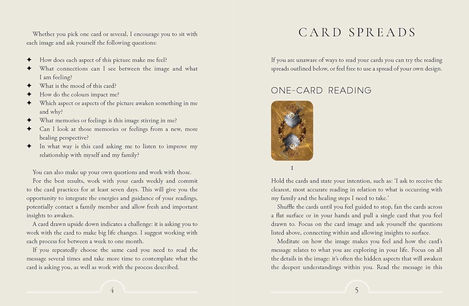 Instructions for one-card reading with a tarot card illustration on a beige background