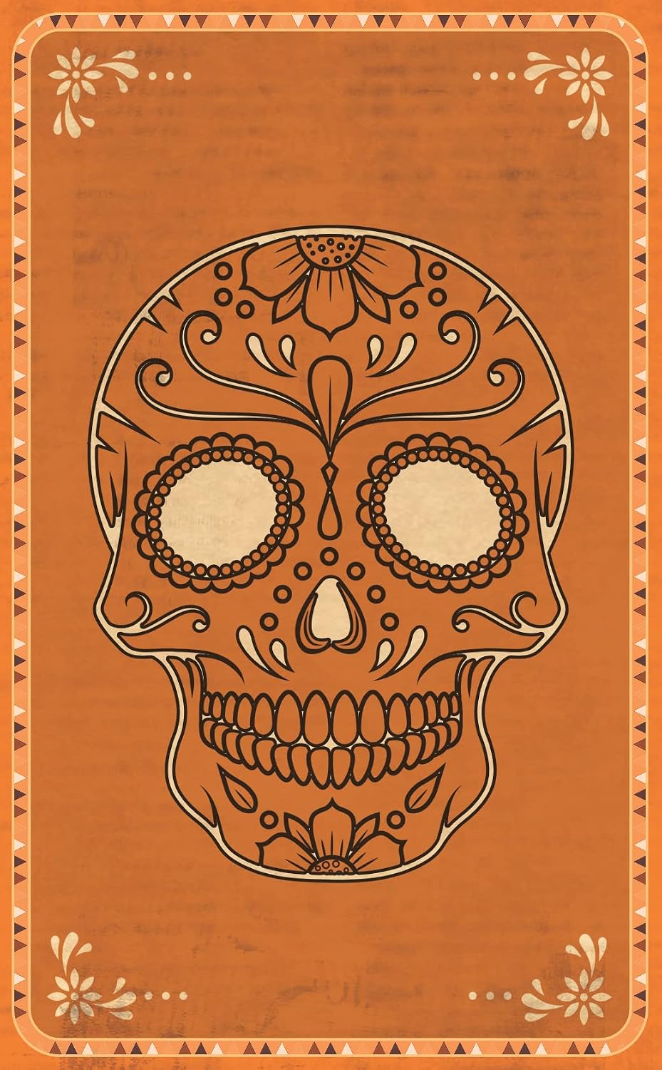 A square orange card or print featuring a decorative sugar skull illustration in dark brown linework, with ornate corner floral motifs and a geometric border.