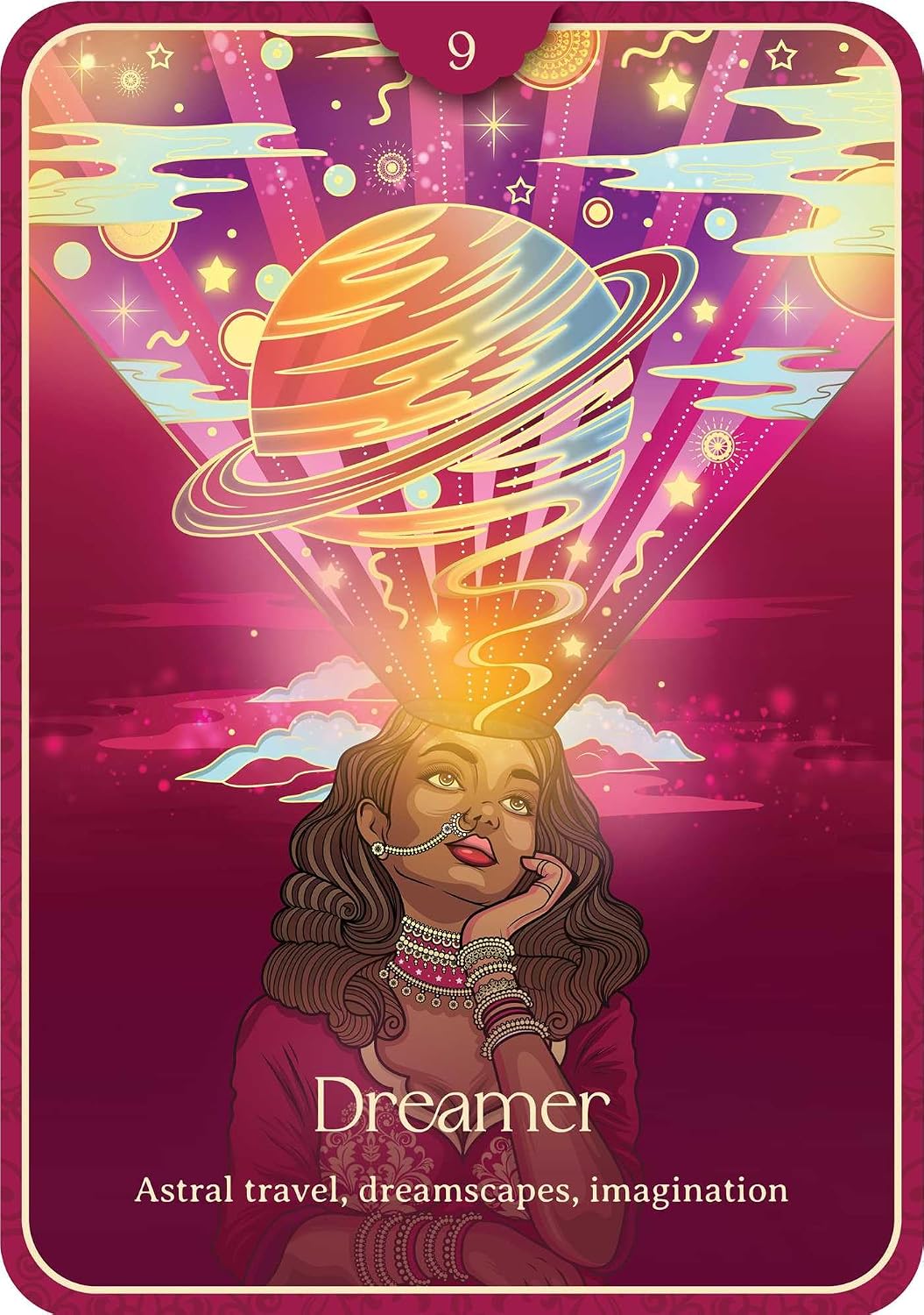 Card featuring a stylized illustration of a woman with a colorful planet above her head, labeled 'Dreamer'.