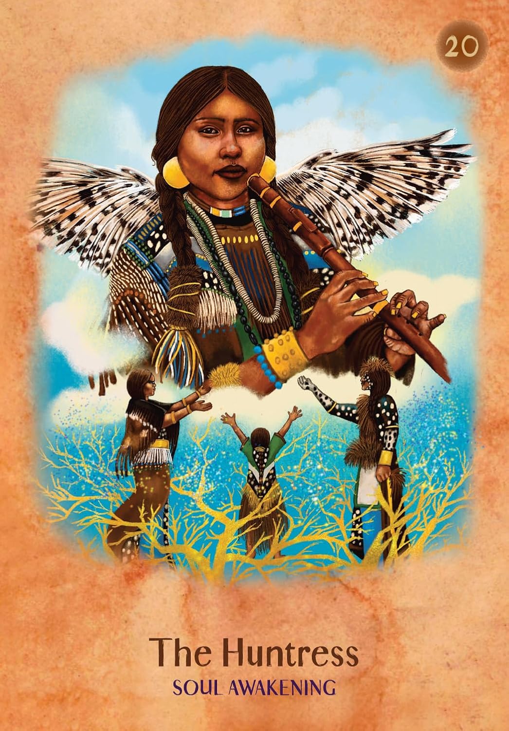Card featuring an illustration of a woman with wings, surrounded by people, with 'The Huntress' and 'Soul Awakening' text.