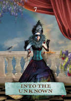 Person in elaborate costume with blindfold on, standing on a balcony with decorative elements and text 'Into the Unknown'.