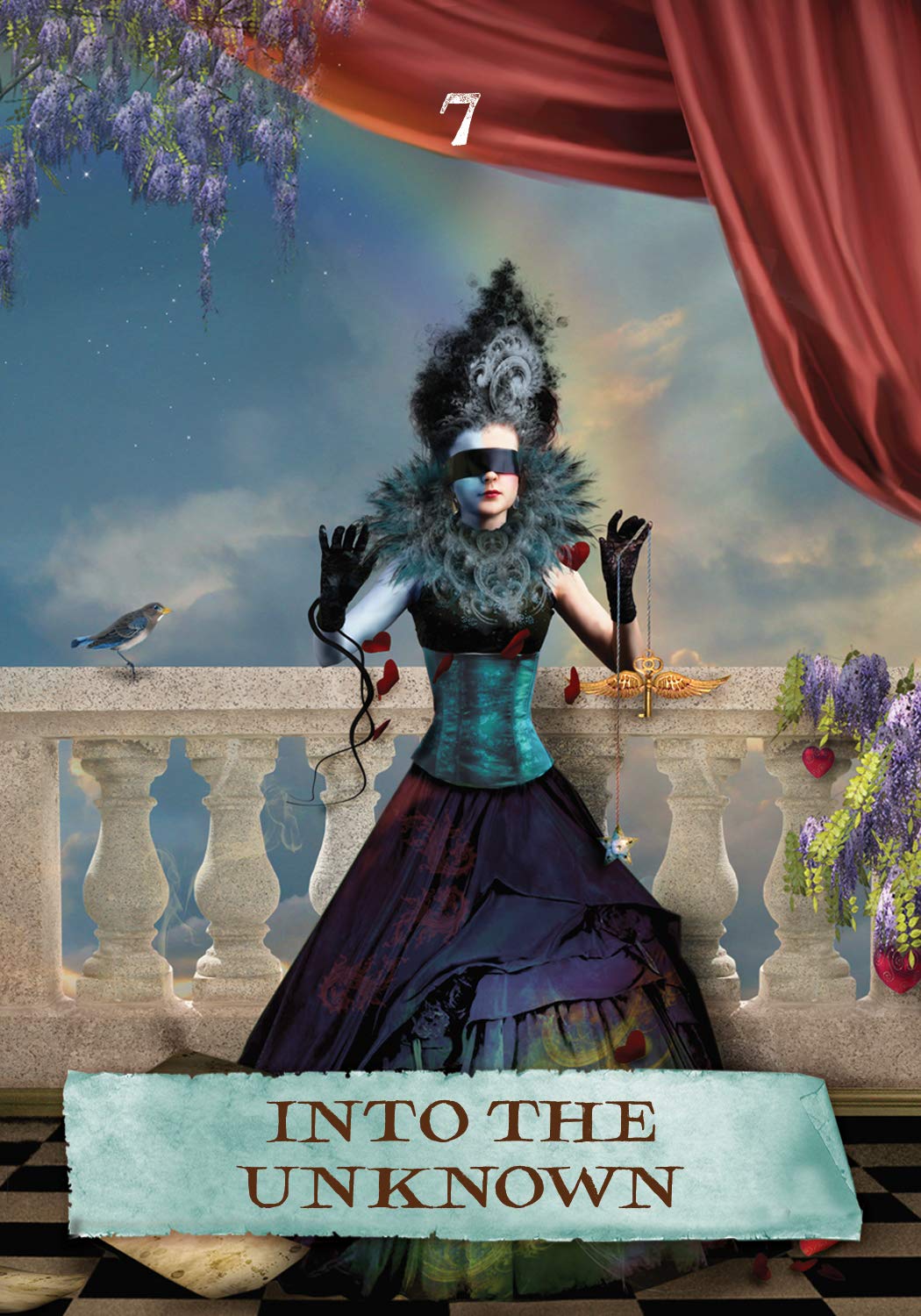 Person in elaborate costume with blindfold on, standing on a balcony with decorative elements and text 'Into the Unknown'.