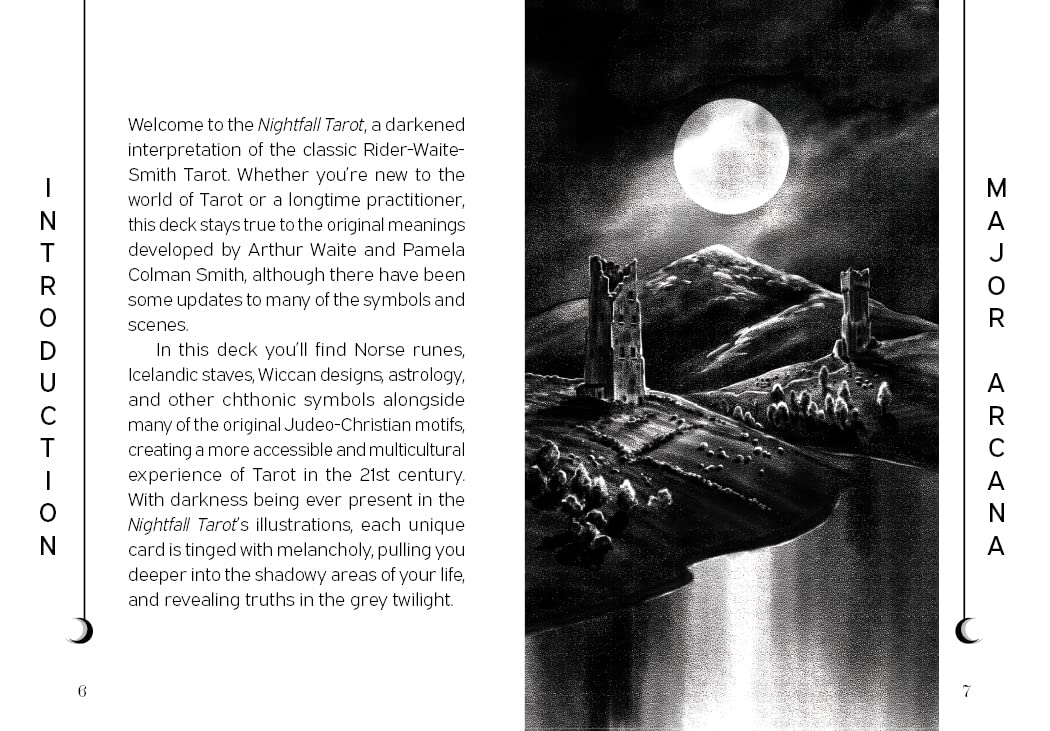 Introduction page of a tarot deck with a dark landscape and moonlit scene.