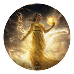 Circular image of a woman in a yellow dress holding a glowing orb against a cosmic background, with 'Eris' at the bottom.