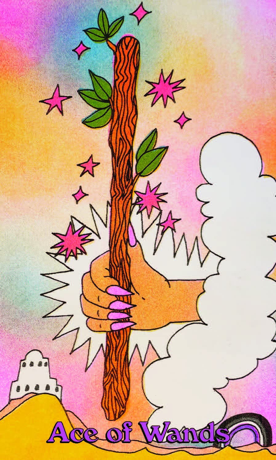 Card with a hand holding a wooden wand against a colorful background with stars and a mountain.