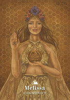 Illustration of a woman holding a spherical object with floral crown on a hexagonal patterned background