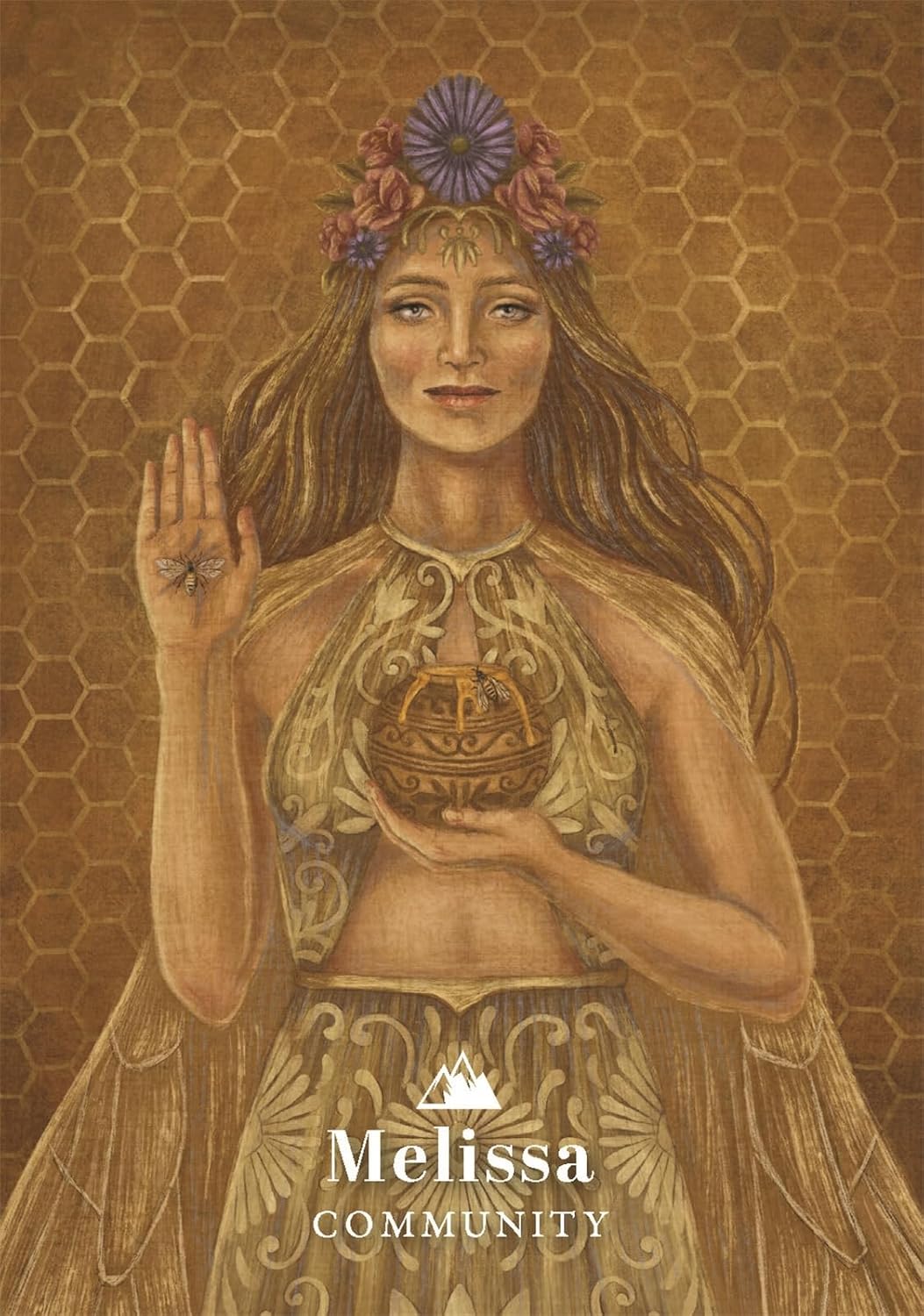 Illustration of a woman holding a spherical object with floral crown on a hexagonal patterned background