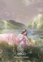 Woman in a pink dress lying by a lake with waterfalls and stars in the sky, labeled 'Virgo: Grounded Healer'.