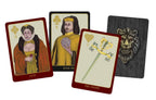 Four playing cards with different characters and symbols on a white background