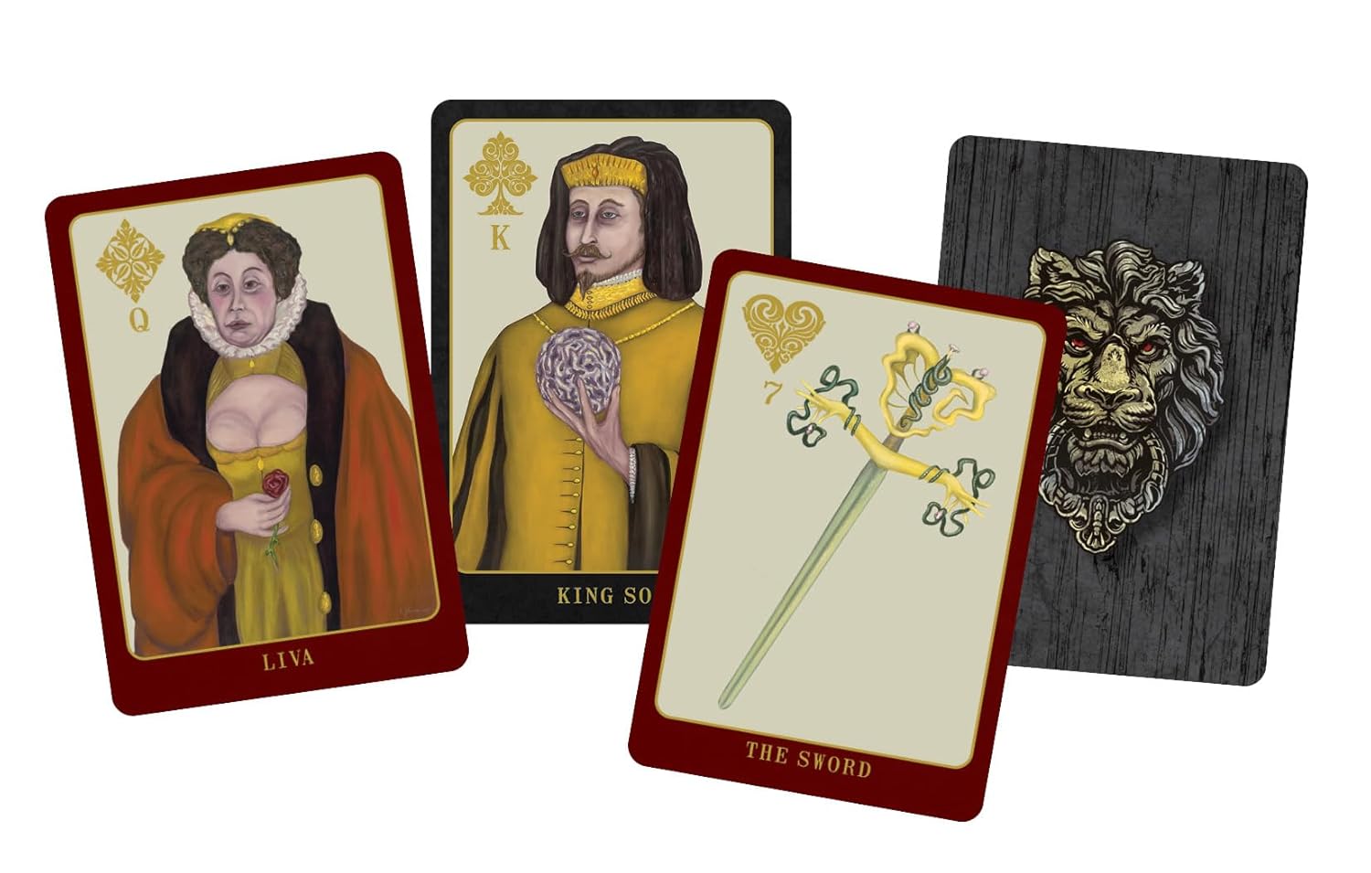 Four playing cards with different characters and symbols on a white background