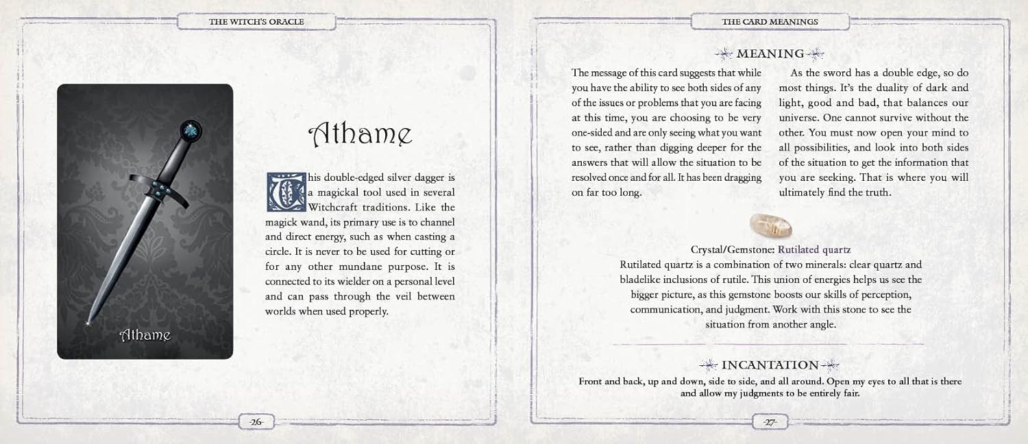 Magical book page with a dagger illustration and text on a white background