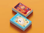 Two stacks of illustrated cards on an orange background