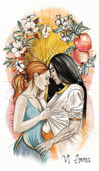 Illustration of two women embracing with floral and fruit elements in the background