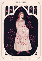 Tarot card titled 'Birth' featuring a pregnant woman with pink leaves and flowers.