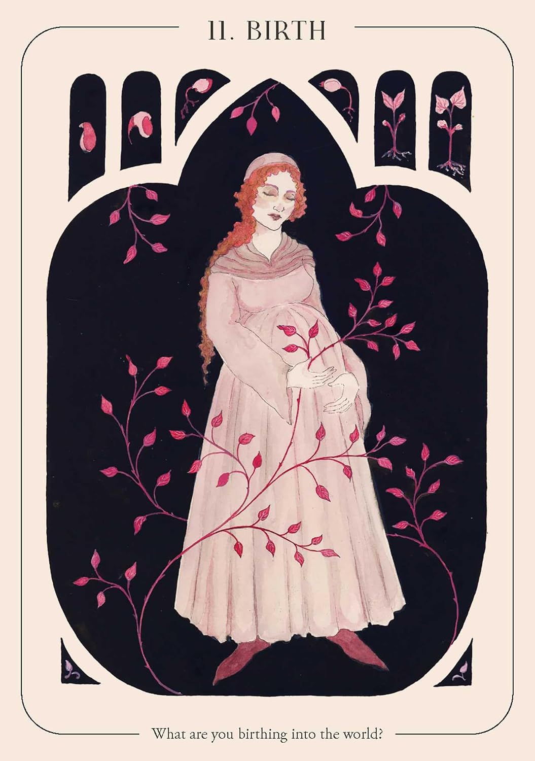 Tarot card titled 'Birth' featuring a pregnant woman with pink leaves and flowers.