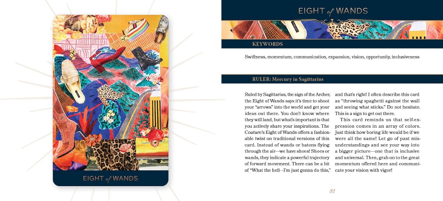 Colorful tarot card with intricate designs and text on a white background