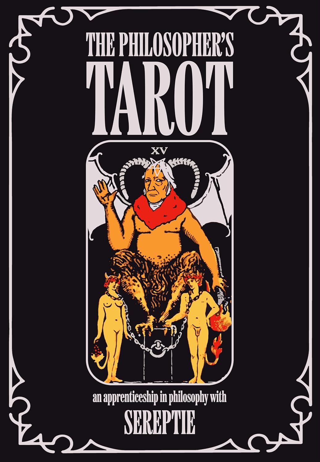 Cover of 'The Philosopher's Tarot' with a tarot card design featuring an elderly figure and two children on a black background.