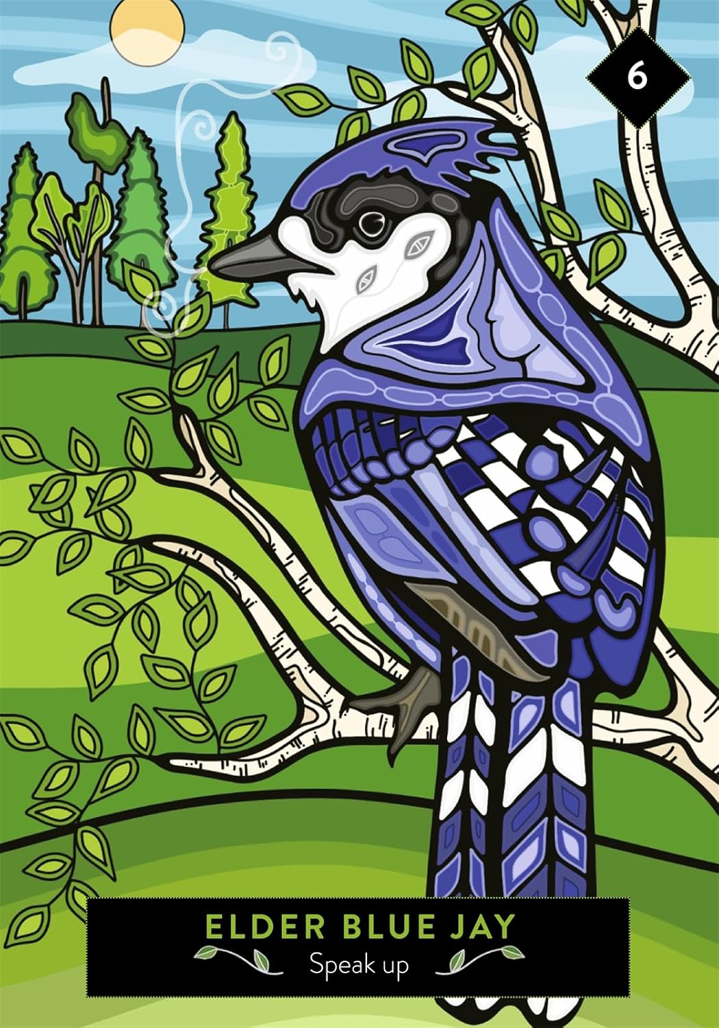 Colorful illustration of an Elder Blue Jay on a branch with a nature background