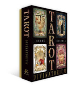 Tarot Divinatorium box set by André Sanchez, featuring a black cover with four ornate tarot card illustrations and gold lettering, shown at an angle on a white background.
