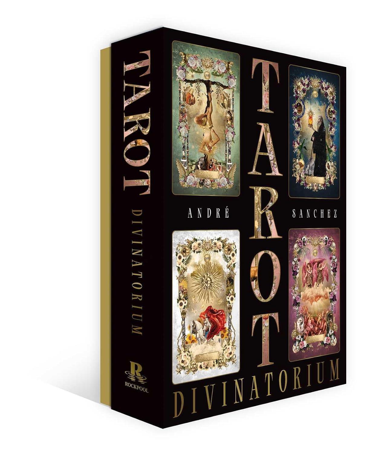 Tarot Divinatorium box set by André Sanchez, featuring a black cover with four ornate tarot card illustrations and gold lettering, shown at an angle on a white background.