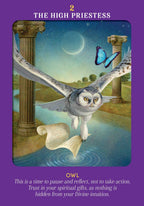Tarot card featuring an owl and butterfly with a purple border and text.