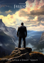 Man in a suit standing on a mountain peak with a vast landscape and 'Freedom' text above.