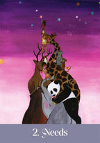 Illustration of animals with a child on their backs against a colorful sky, labeled '2. Needs'.
