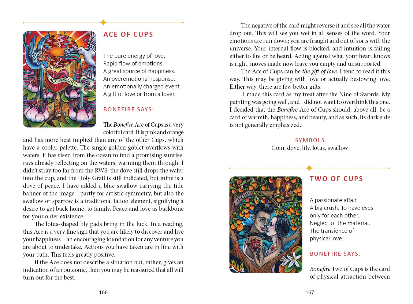 Page from a book or magazine featuring artwork and text about the 'Ace of Cups' and 'Two of Cups'.