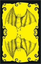 Illustration of a bat on a yellow background with decorative elements