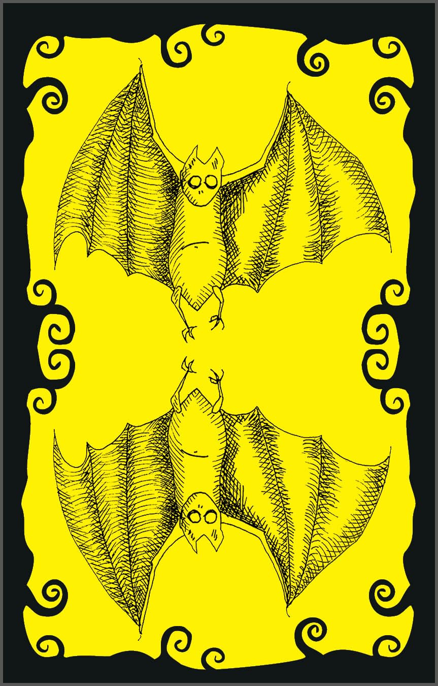 Illustration of a bat on a yellow background with decorative elements
