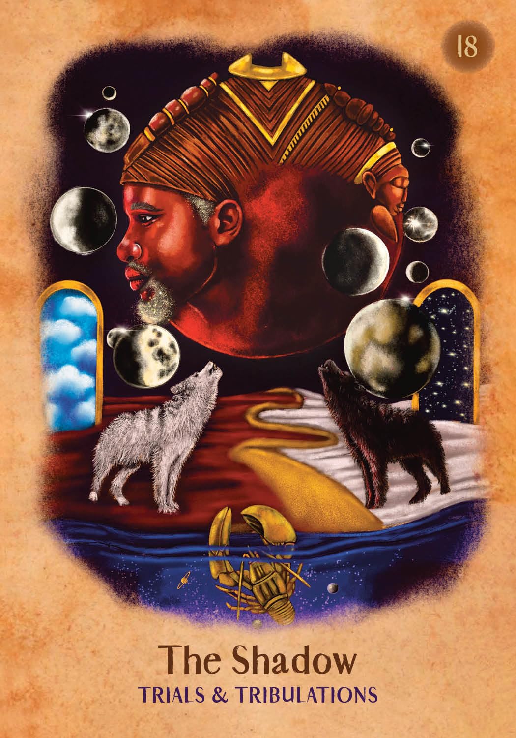 Tarot card titled 'The Shadow' with a person, wolves, and celestial elements on a textured background.