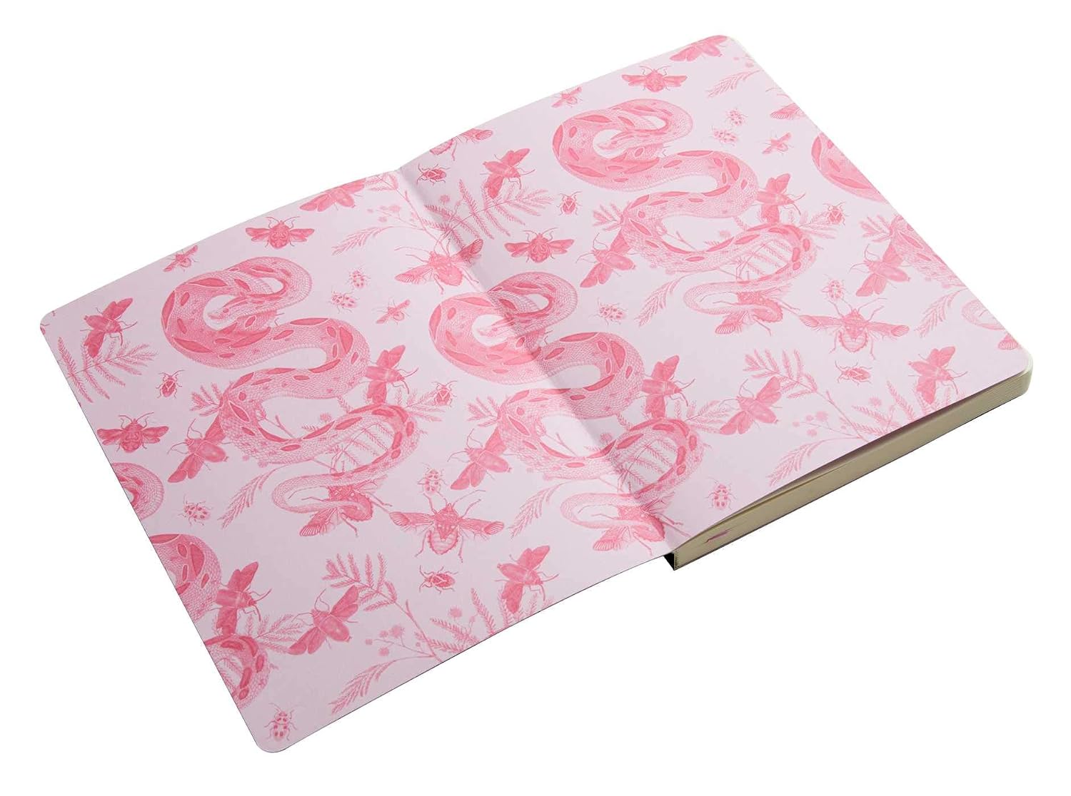 Open notebook with pink flamingo pattern on a white background