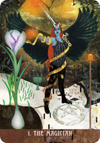 Tarot card featuring 'The Magician' with a winged figure, flowers, and mystical elements.
