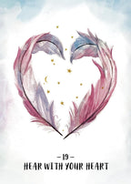 Heart-shaped arrangement of feathers with stars on a light background, featuring the text 'Hear with your heart'.