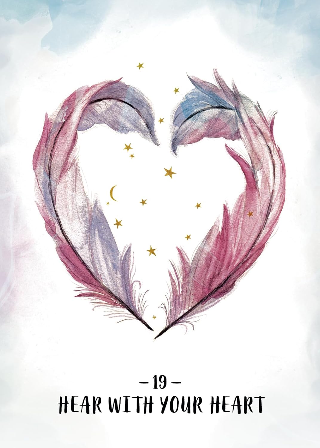 Heart-shaped arrangement of feathers with stars on a light background, featuring the text 'Hear with your heart'.