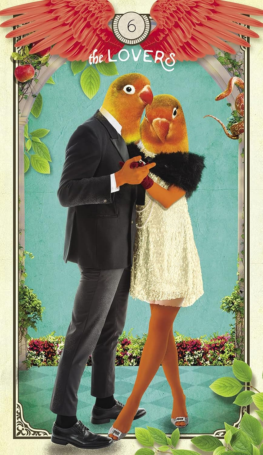 Illustration of a man and woman with birds for heads, labeled 'The Lovers', against a decorative background.