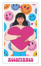 Illustration of a person holding a pink heart with colorful smiley faces in the background, featuring the word 'ACCEPTANCE'.