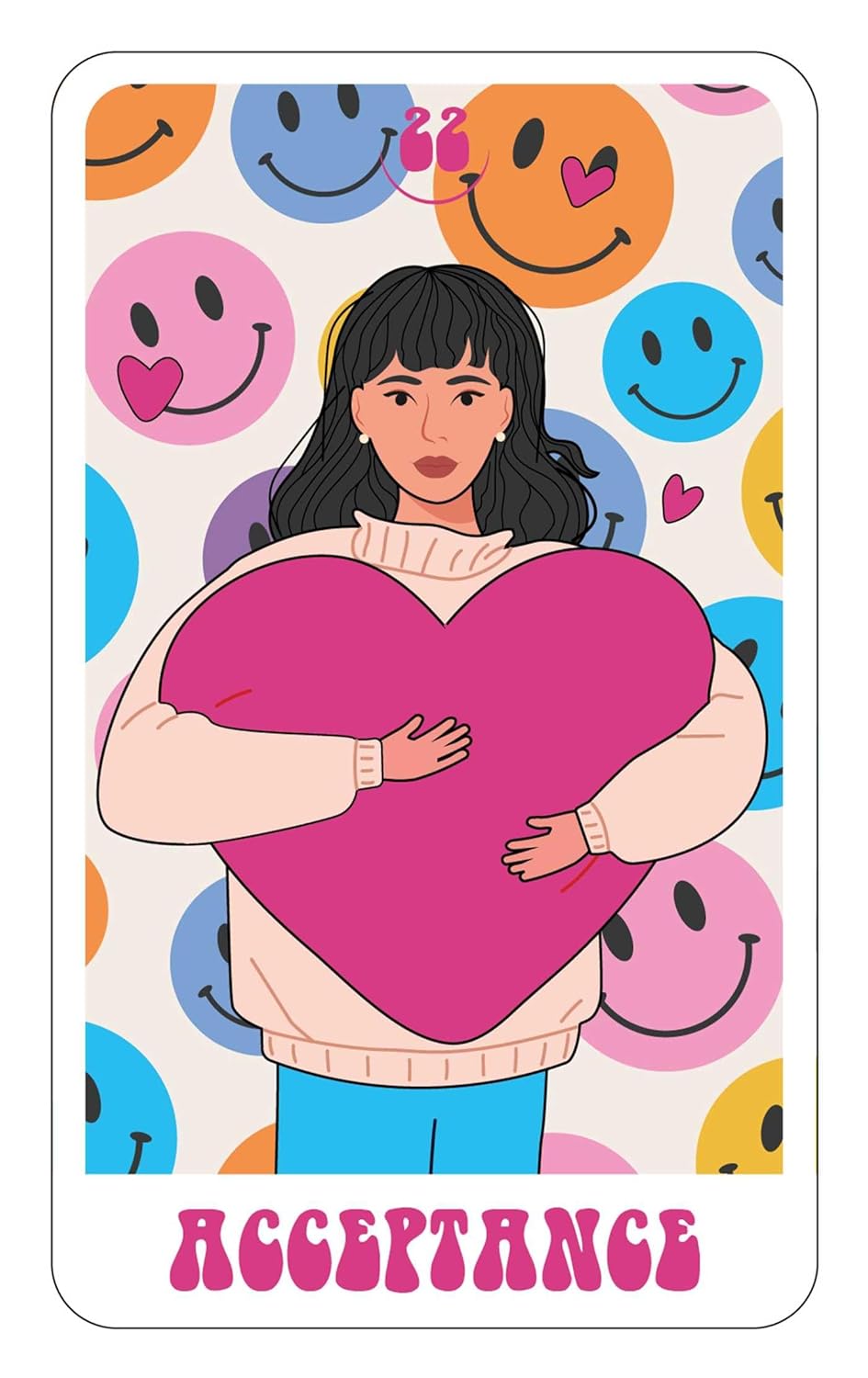 Illustration of a person holding a pink heart with colorful smiley faces in the background, featuring the word 'ACCEPTANCE'.