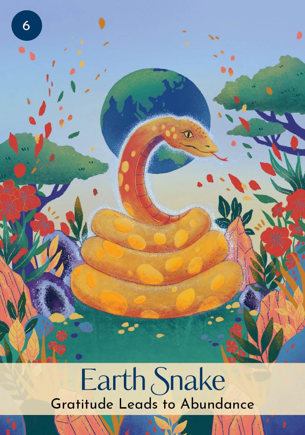 Illustration of an Earth Snake surrounded by nature elements with text 'Earth Snake: Gratitude Leads to Abundance'.